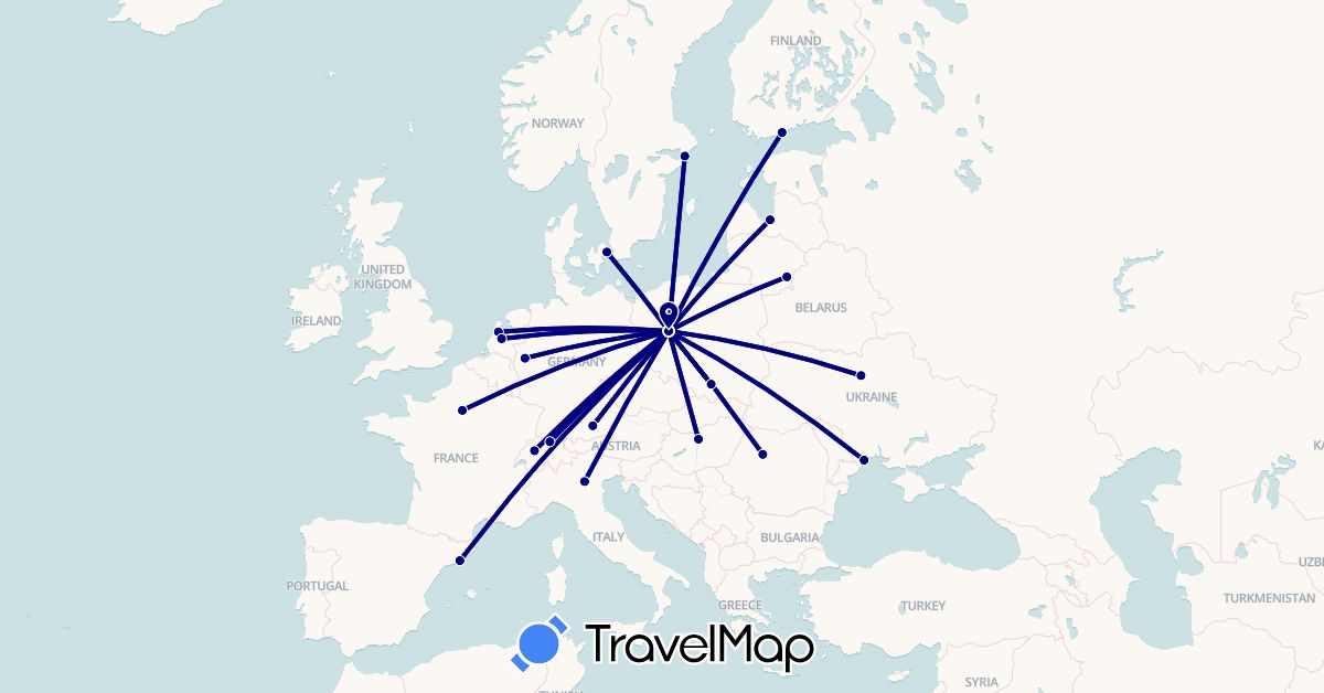 TravelMap itinerary: driving in Switzerland, Germany, Denmark, Spain, Finland, France, Hungary, Italy, Lithuania, Latvia, Netherlands, Poland, Romania, Sweden, Ukraine (Europe)
